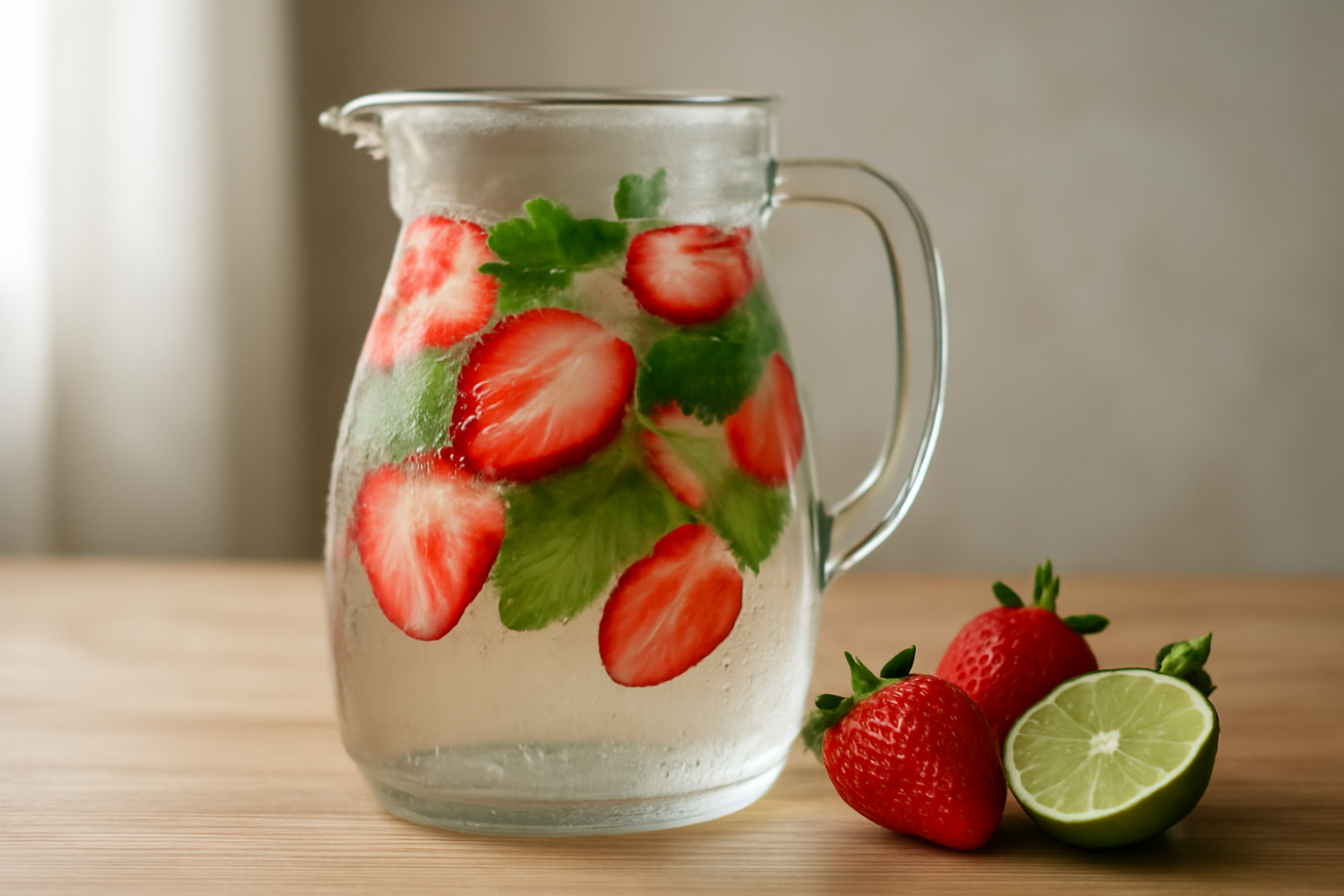 Pitcher infused water berisi irisan stroberi tipis dan daun mint di atas meja kayu