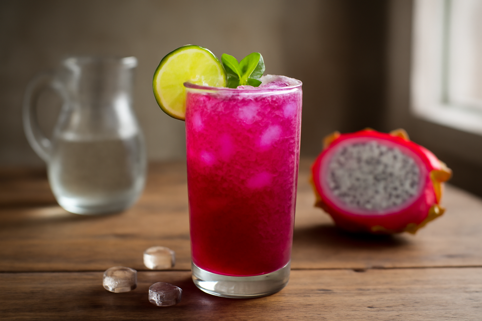 Segelas mocktail buah naga merah dengan hiasan jeruk nipis dan daun mint di atas meja kayu