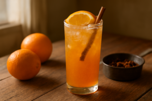Segelas mocktail jeruk rempah dengan es batu, batang kayu manis, dan irisan jeruk di atas meja kayu
