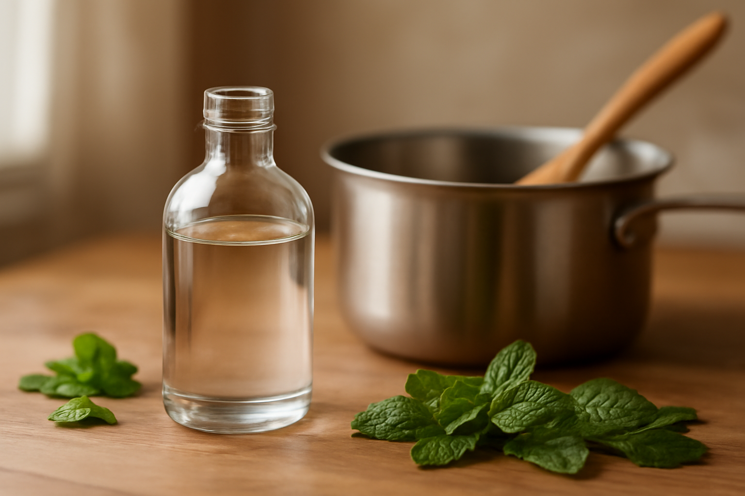 Botol kaca berisi simple syrup di meja dapur dengan panci kecil dan daun mint segar