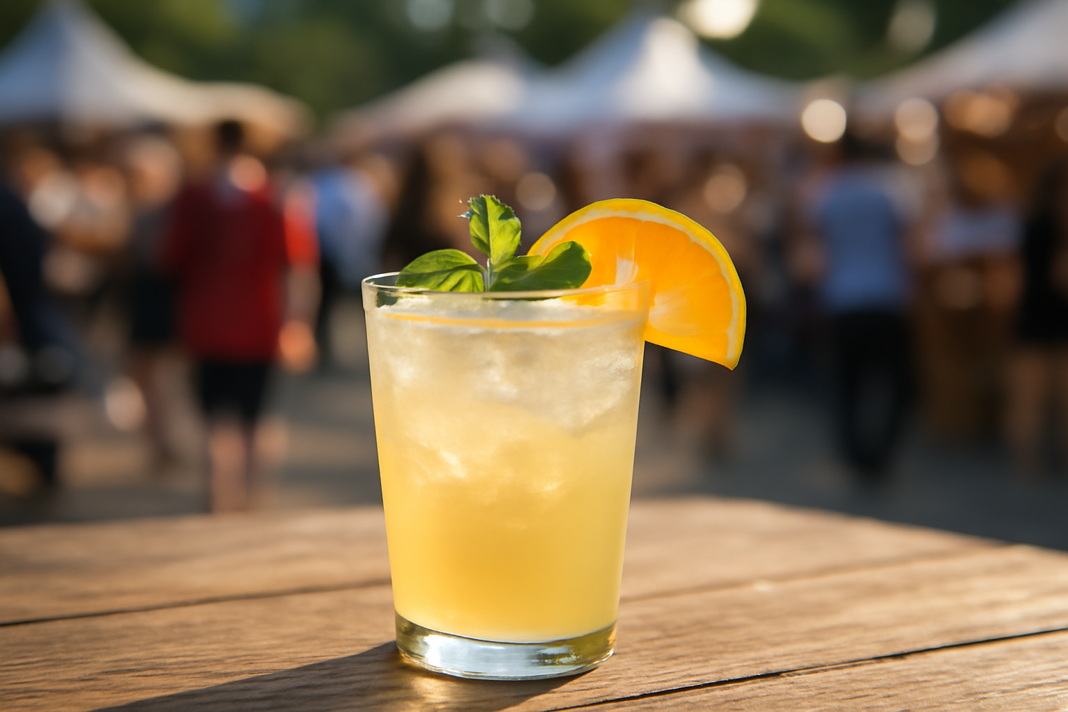 Minuman non-alkohol segar dengan es dan garnish jeruk di atas meja festival kuliner