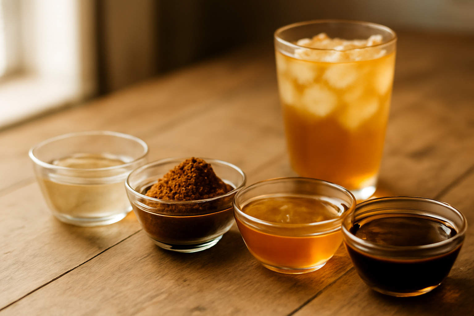 Empat wadah berisi sirup gula, gula palem, madu, dan gula aren cair untuk racikan minuman